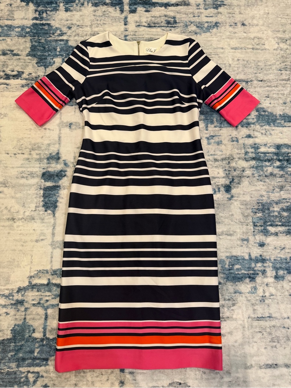 Eliza J Navy and White Striped Midi Dress with Pink Accents
